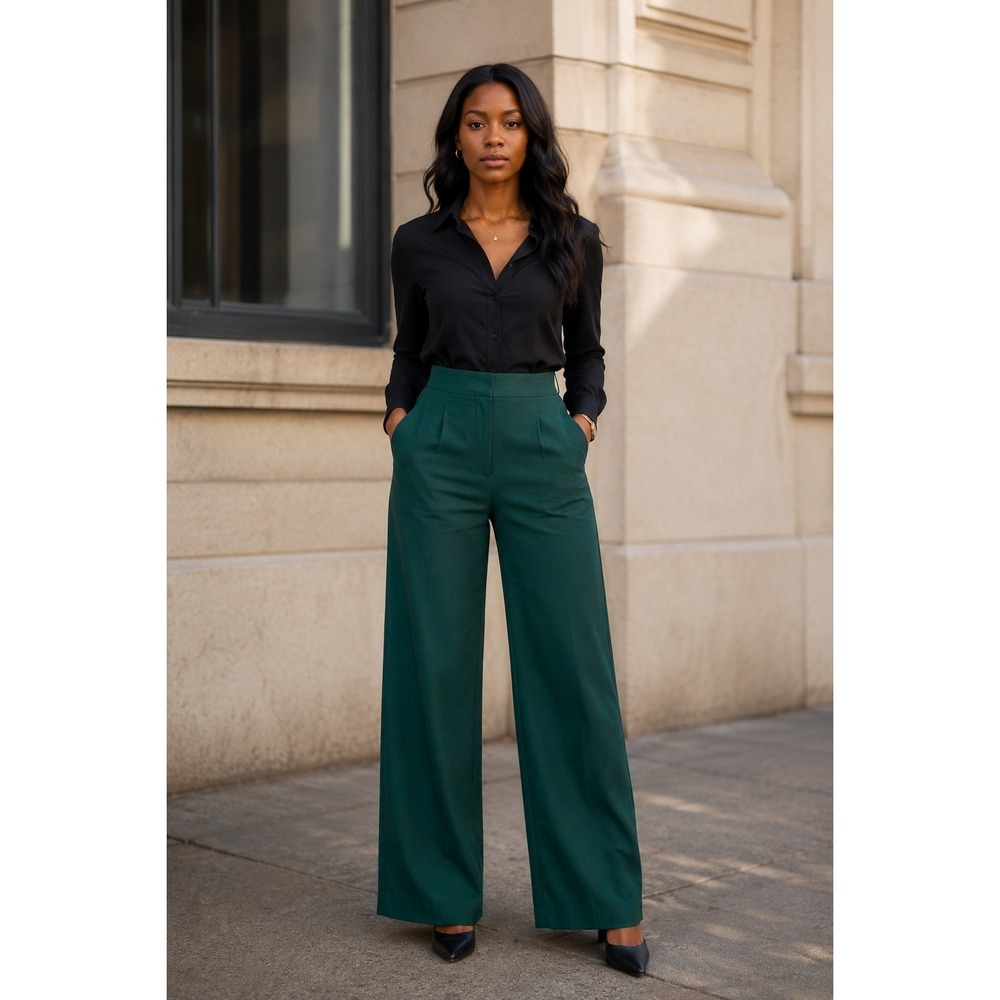 Zara XS Emerald Green High Waisted Wide Leg Trouser Pants Dress Career‎ Office